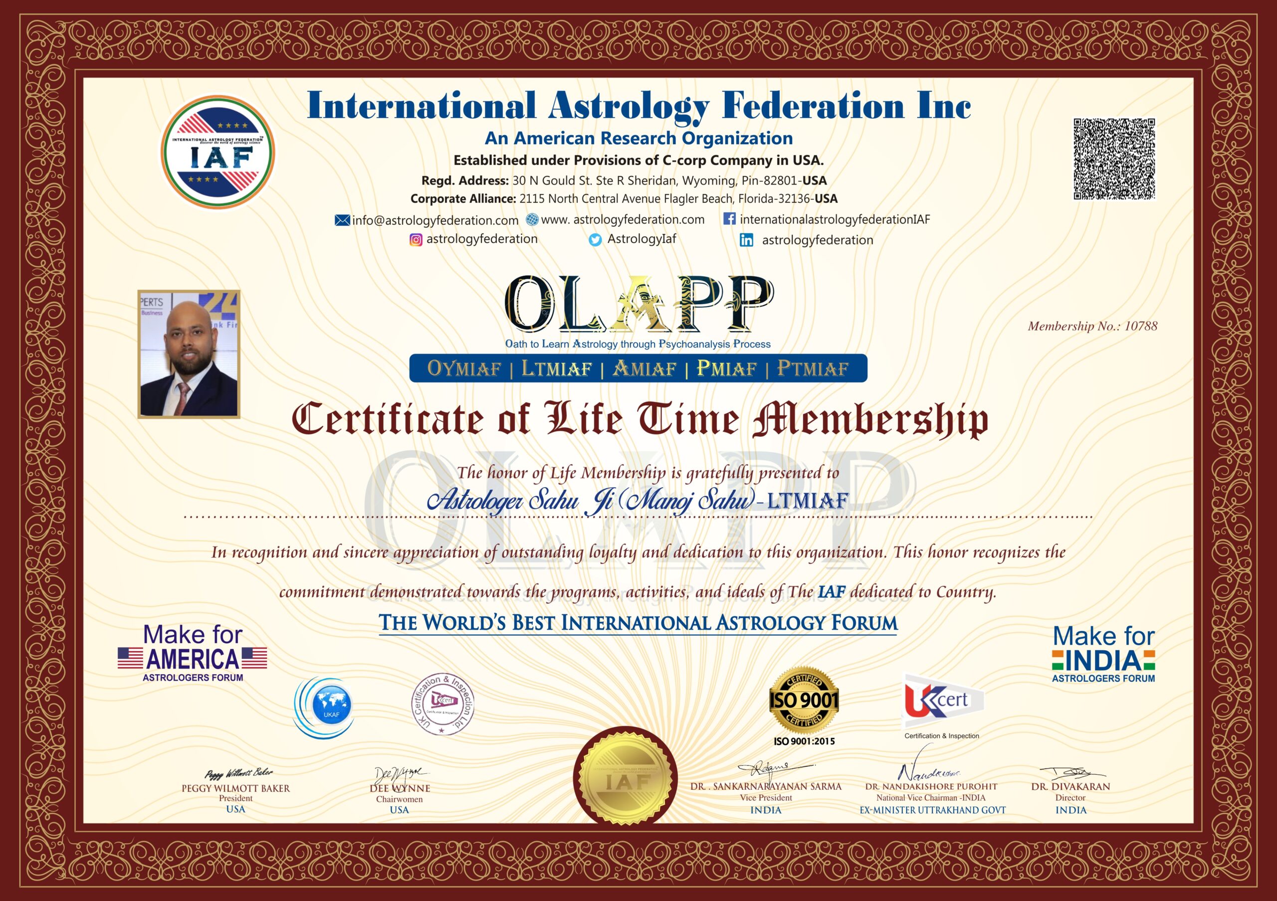 Astrologer Sahu Ji awarded IAF - Certificate by International Astrology Federation Inc